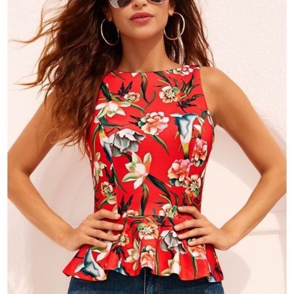 Alexia Admor Tops - ALEXIA ADMOR Scuba XS NWT Peplum Stretch Tropical Floral Red ank Blouse